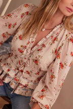 V-Neck Floral Print Waist-Cinched Ruffle Blouse