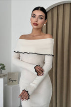 Ribbed Off Shoulder Color Block Knit Sweater Dress
