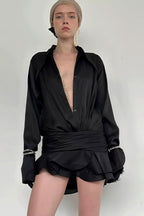 Mesh Slim Fit V Neck Flared Sleeve Mini Dress