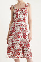 Dark Red Floral Print Tie Strap Slit Hem Midi Dress