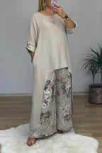 Irregular Linen Tunic & Vintage Floral Wide Leg Pant 2-Piece Set