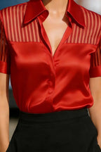 Solid Color Satin Sheer Striped Collared Short-sleeved Casual Shirt