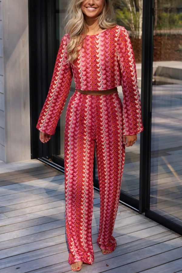 Tamia Knit Colorful Wave Unique Print Crop Top and Stretch Wide Leg Pants Set