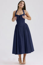 Floral Halter Lace Trim Long Sleeveless Prom Dress