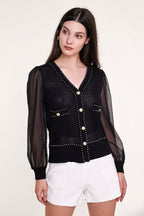 Black Sheer Long Sleeve Pointelle-Knit Cardigan With Gold Buttons