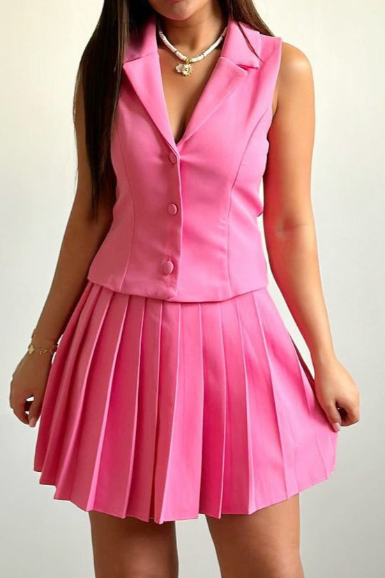 Two Piece Cropped Vest Pleated Skirt Set