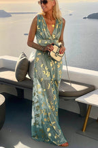 Jovita Aesthetic Long Dress with V Neck and Gold Sequins Chic Silhouette Collection