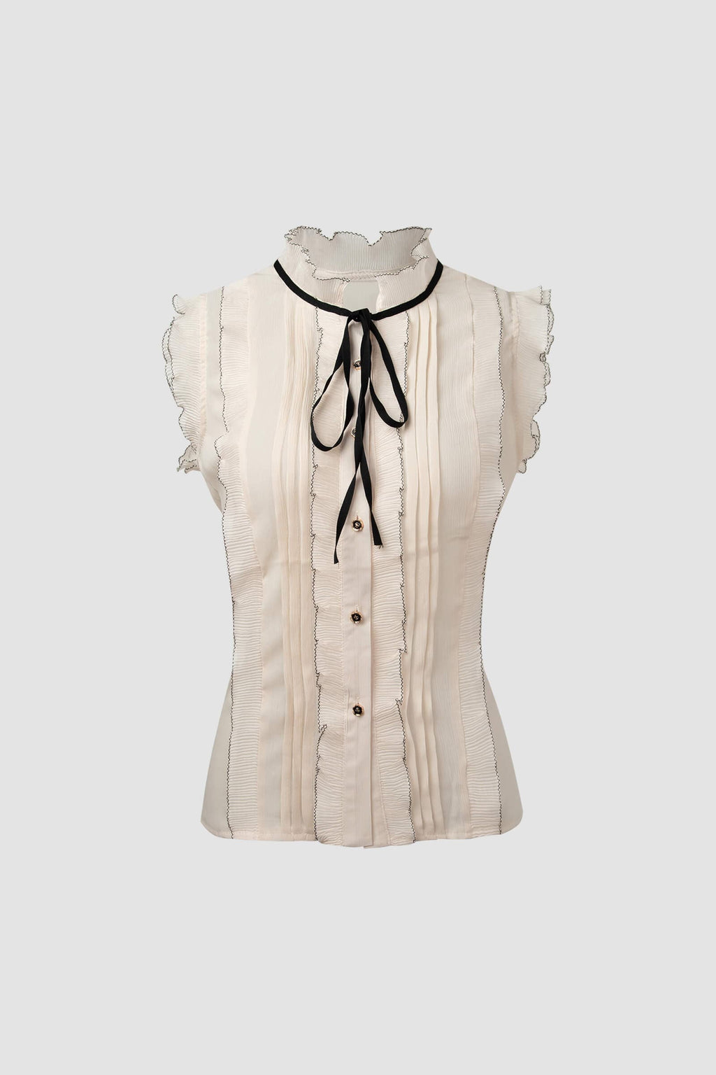 Ivory Sleeveless Ruffled Tie Neck Blouse