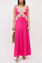 A Little Sultry Satin Floral Lace Trim V-neck Sleeveless Drape Maxi Dress