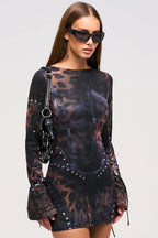 Fitted Crew Neck Printed LongSleeve Bodycon Dress