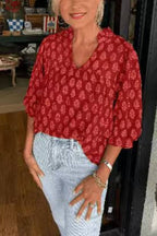 Vintage Floral Print V-Neck Puff Sleeve Casual Blouse
