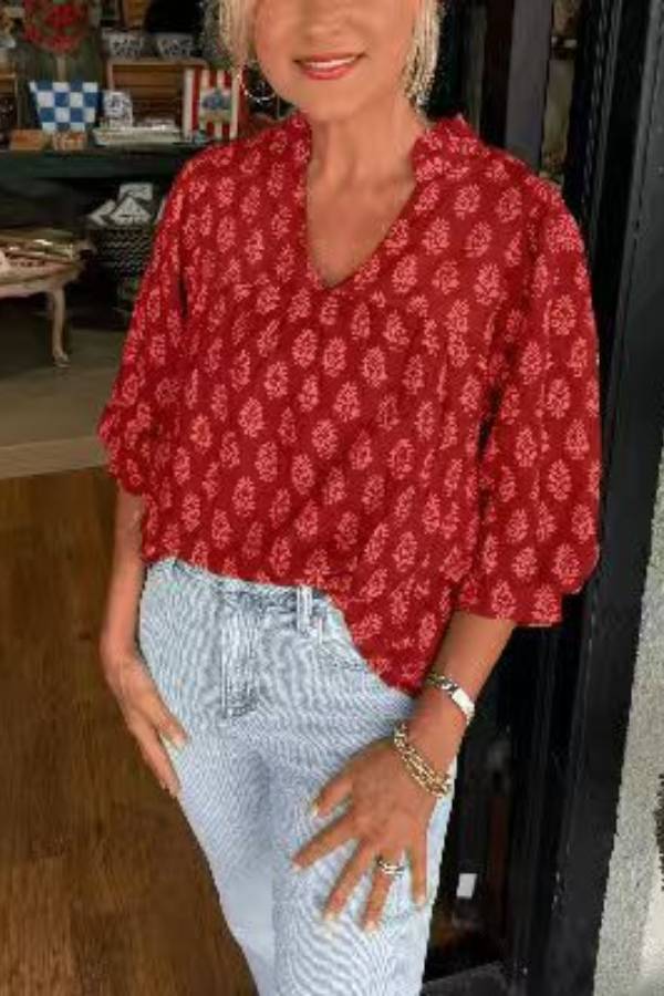 Vintage Floral Print V-Neck Puff Sleeve Casual Blouse