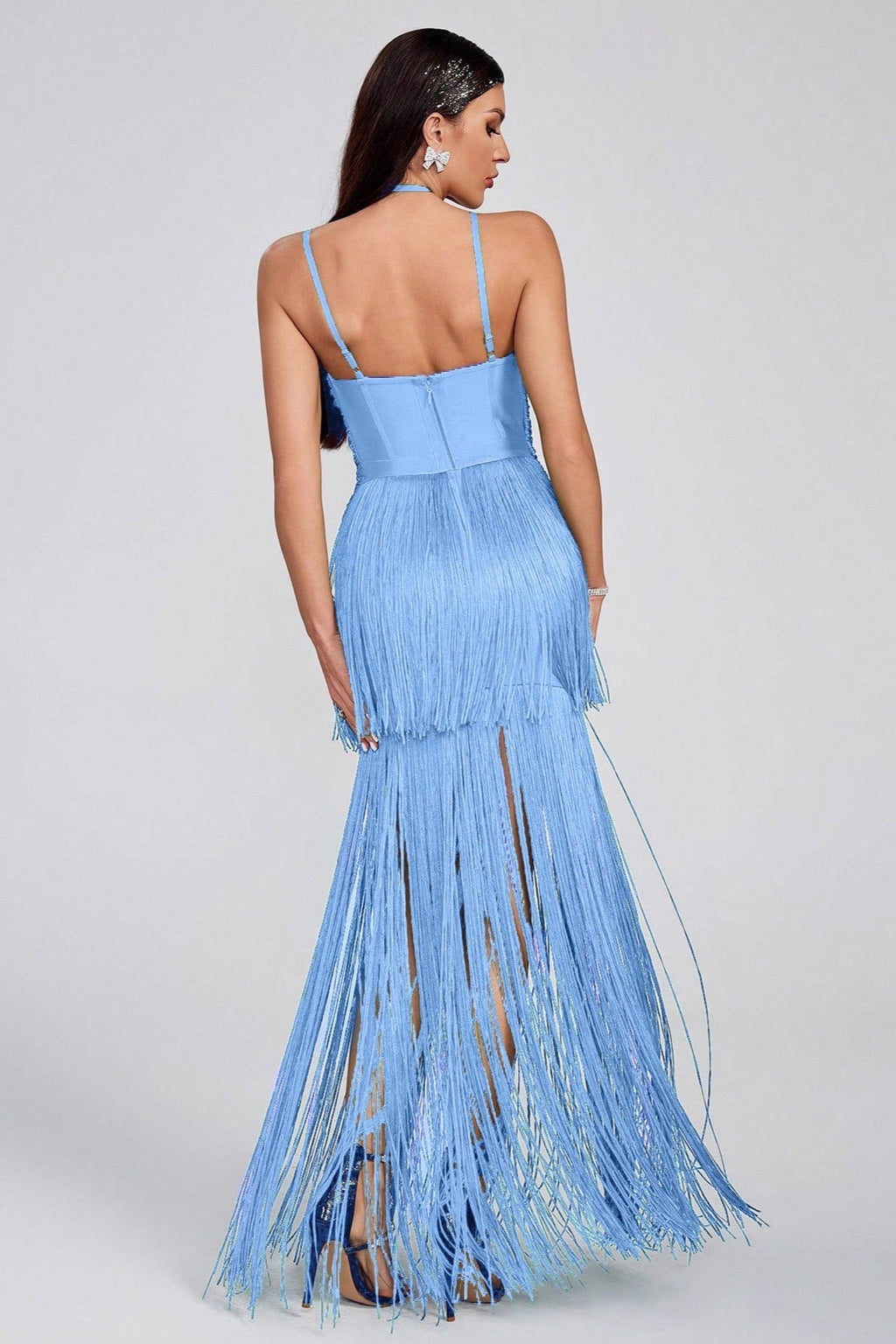 Halter Sling Maxi Fringe Hem Cocktail Dress