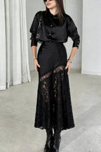 Solid Color Silk Satin and Lace Spliced elegant Maxi Skirt