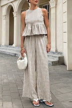 Plaid Ruffle Hem Round Neck Sleeveless Skirt Set