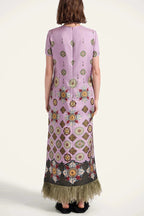 Lucia Satin Baroque Court Style Printed Short Sleeve Pocket Feather Trim Maxi Dress