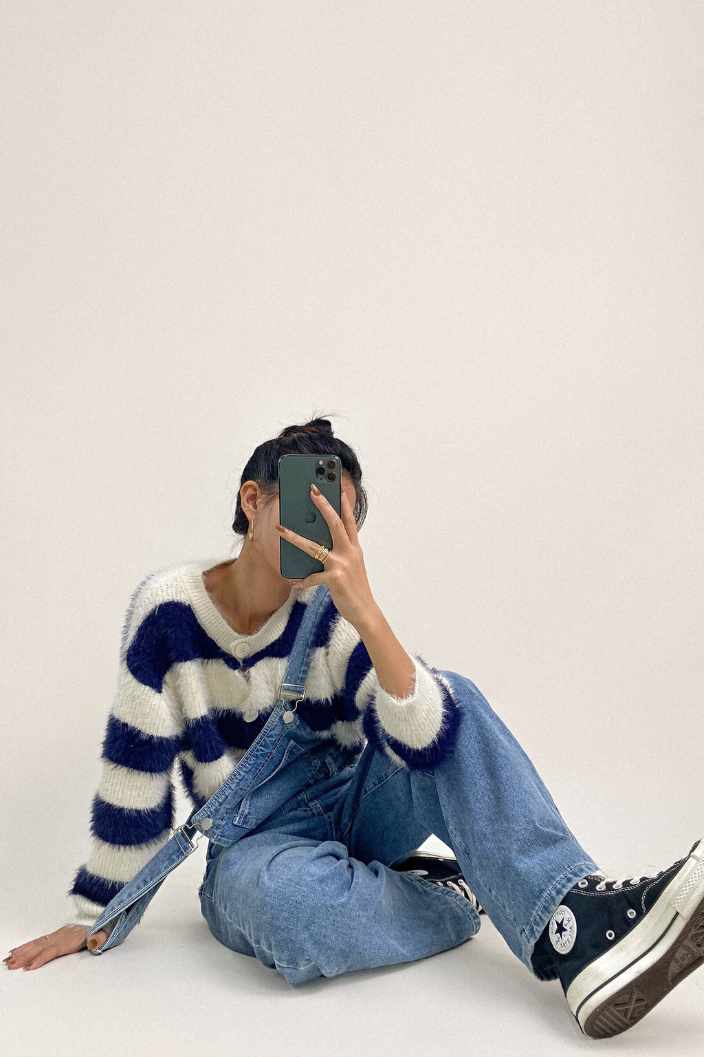 Dark Blue Striped Button-Up Fuzzy Knit Cardigan