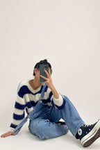 Dark Blue Striped Button-Up Fuzzy Knit Cardigan