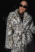 Leopard Faux Fox Fur Notched Lapel Belted Long Overcoat