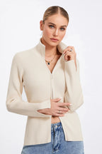 Ribbed Knit Zip-Up Stand Collar Cardigan