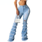 High Waist Stretch Denim Washed Destroyed Holes Ripped Tassel Skinny Flare Jeans
