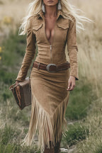 Retro Western Style Long-sleeved Fringed Hem Suede Midi Dress