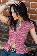 Preppy Plaid Button Down Collar Slim Blouse