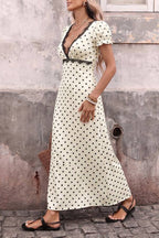 French Polka Dot Lace Trim V-Neck Puff Sleeve Maxi Dress