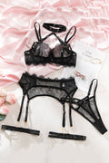 Valentine's Day See-through Lace Hollow-out Halter Neck Bra Four-Piece Set