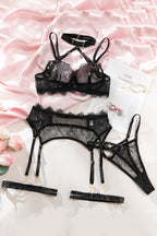 Valentine's Day See-through Lace Hollow-out Halter Neck Bra Four-Piece Set