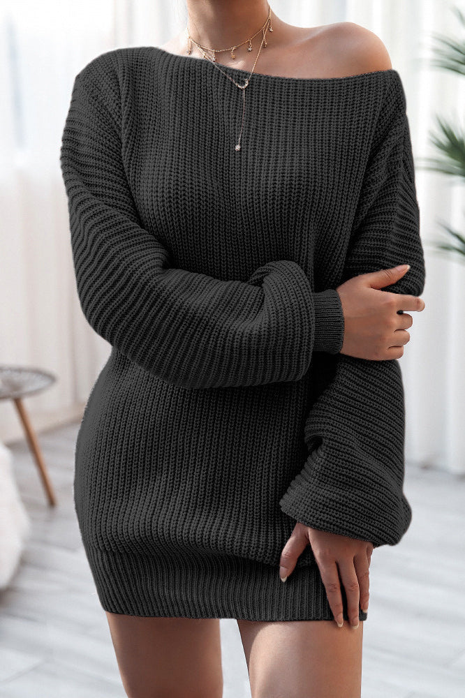 Ribbed Knit Boat Neck Long Sleeve Loose Mini Dress