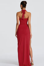 Deep V Halter Backless Slit Formal Dress