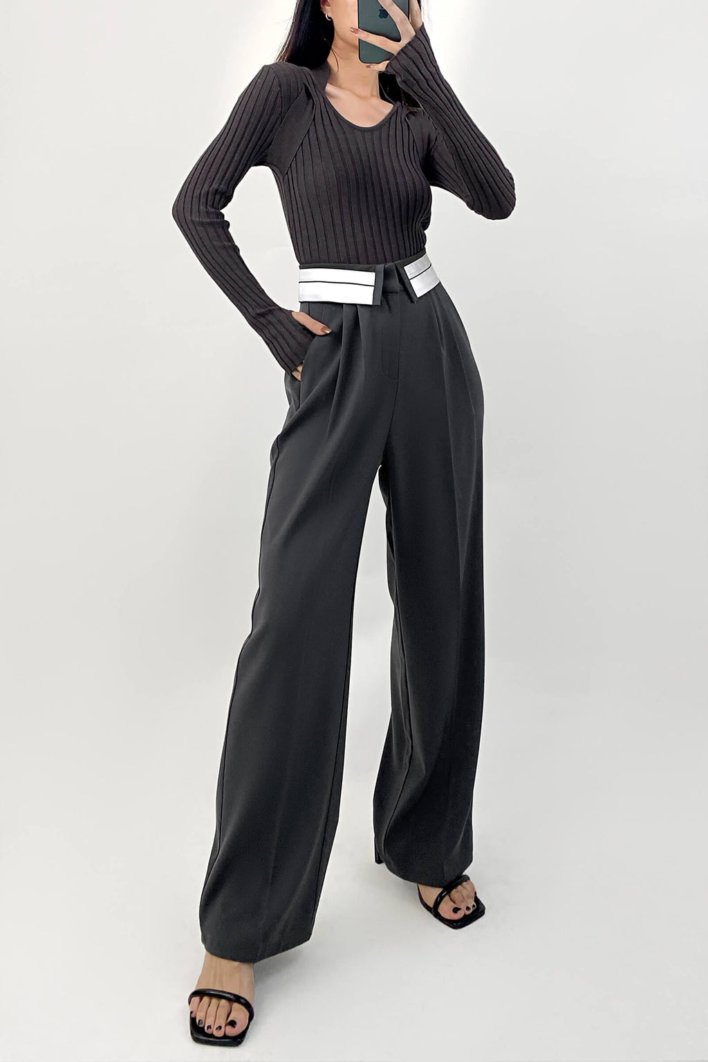 Dim Grey Strap Detail Cut Out Ribbed Knit Sweater