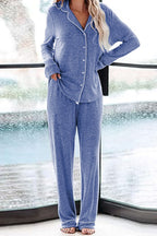 Home-style Loose-fitting Long-sleeved Pocket Shirt and Elastic Waist Casual Pants Set