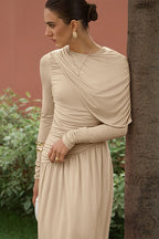 Vintage Ruched High Waist Long Sleeve Maxi Dress
