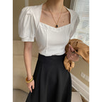 French love square collar bubble short sleeve T-shirt