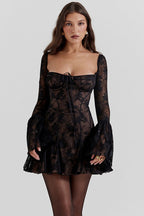 Tie Waist Bell Sleeve A Line Lace Dress