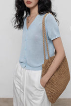 V-Neck Short Sleeve Knit Top