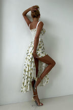 Low Neck Strap High Waist Slit Floral Dress
