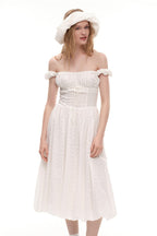 Jacquard Off Shoulder Embroidery Midi Dress