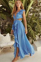 V Neck Ruffle Slit Flowy Maxi Boho Dress