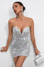 Deep V Strapless Sequin Mini Dress