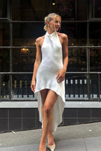 Elegant Asymmetrical High Low Sleeveless Halter Formal Dress