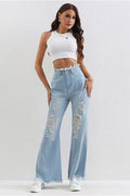 Washed Blue Ripped Patchwork Raw Hem Slim Fit Flare Jeans