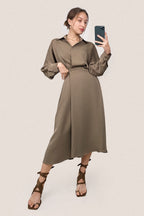 Brown Surplice Pleat Detail A-Line Maxi Shirt Dress