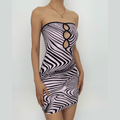 Zebra print off shoulder contrast hollow out backless mini dress