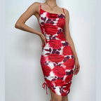 PRE ORDER - Flower print contrast drawstring cowl neck backless cami mini dress