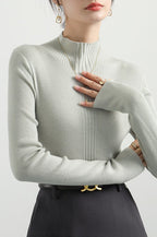 Elegant Apricot Mock Neck Long-Sleeve Pullover Knit Top