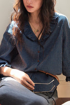 V Neck Ruffle Checkered Blouse