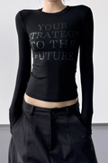 Letter Print Slim Short Long Sleeve Crop Top